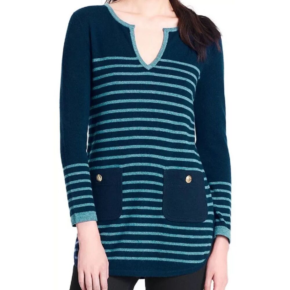 Tory Burch Wool Cashmere Sweater Women's L Striped Knit Tunic Navy Blue Preppy